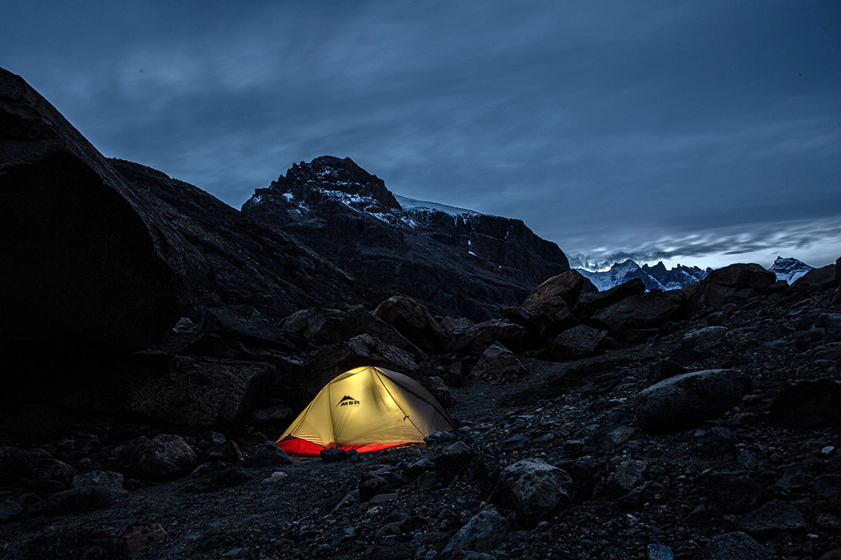 ​​MSR FreeLite 2 backpacking tent (at night)